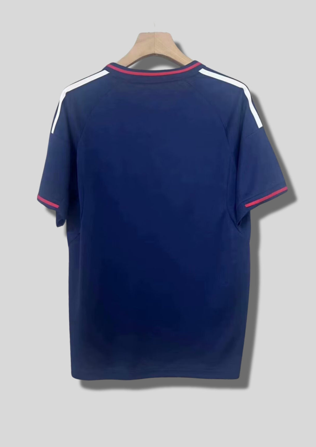 Olympique Lyonnais extérieur 2023-2024 : maillot bleu marine avec de fines rayures verticales rouges et bleues, col et manches avec liserés rouges et blancs, logos blancs. GoalKits