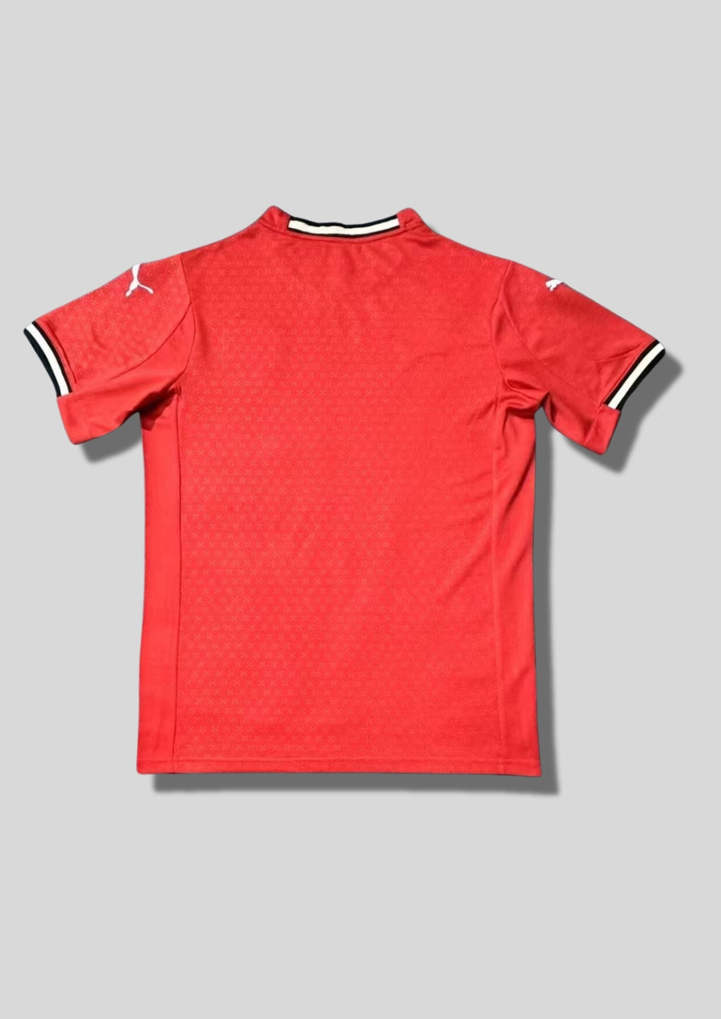 Portugal 2024 (Concept) Rouge, motif à petits losanges ton sur ton, col et bords de manches rayés noir et blanc, logos Puma blancs. GoalKits