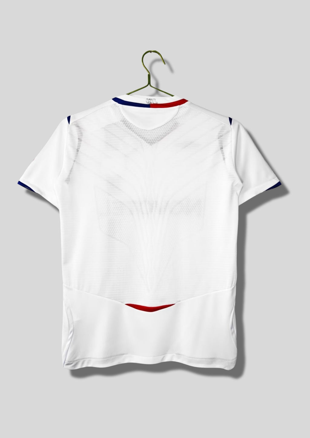 Olympique Lyonnais domicile 2008-2009 : maillot blanc Umbro avec une fine bande verticale bicolore rouge et bleue passant sous le blason, col en V bleu et rouge, sponsor Novotel. GoalKits