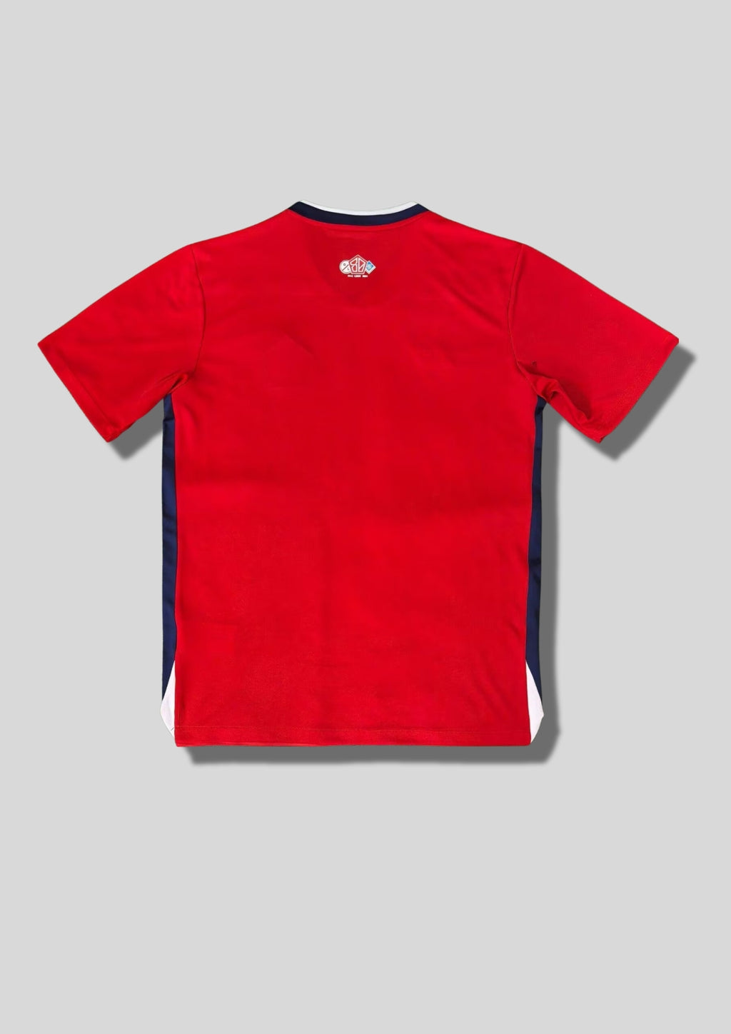 LOSC Lille domicile 2024-2025 : maillot rouge avec un motif de chevrons ton sur ton, col en V et bords de manches bleu marine et blanc, logos blancs et sponsor Boulanger. GoalKits