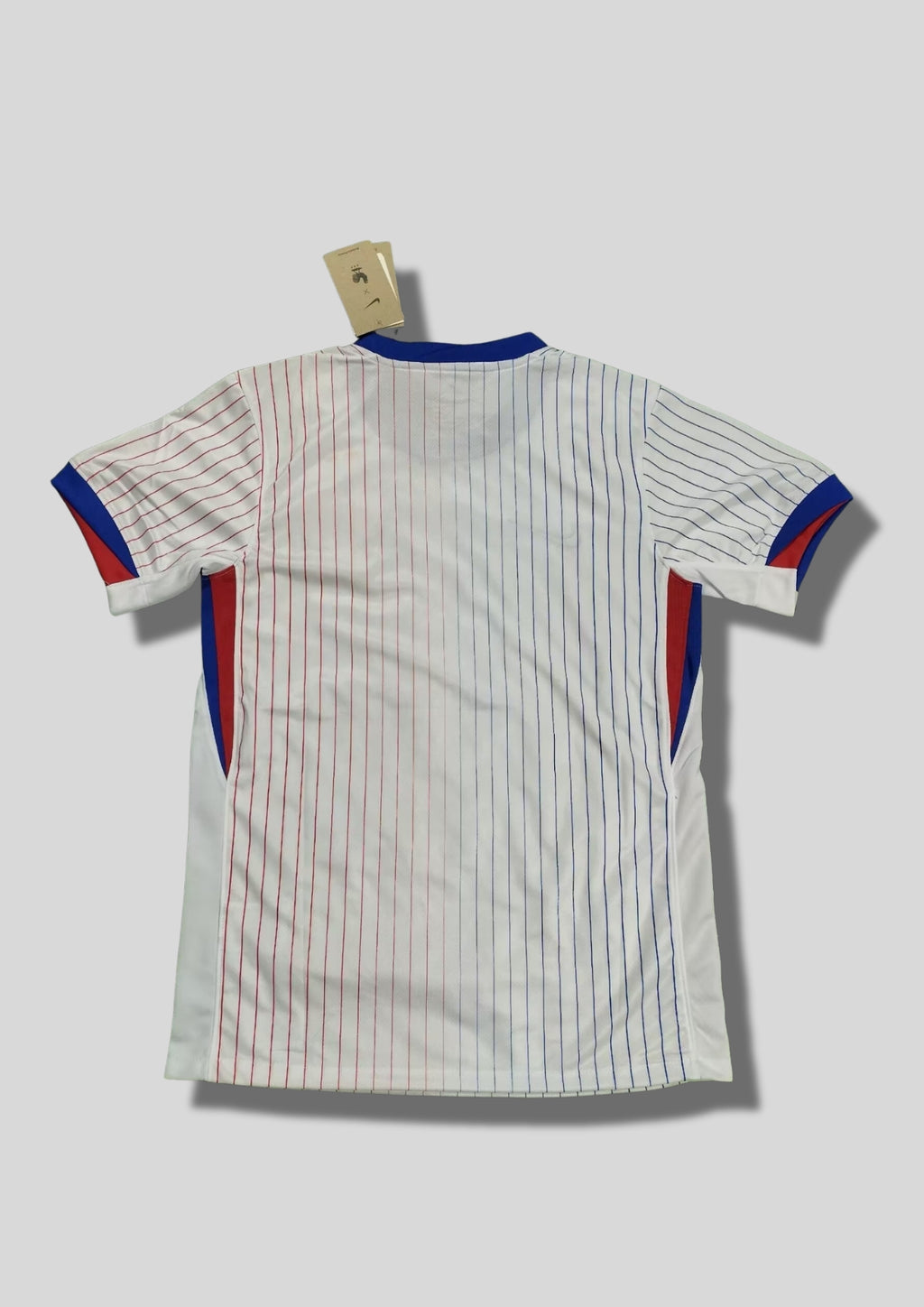 France Extérieur Euro 2024 : Blanc avec fines rayures verticales dégradées bleues et rouges, col et bords de manches bleus, coq géant doré. GoalKits