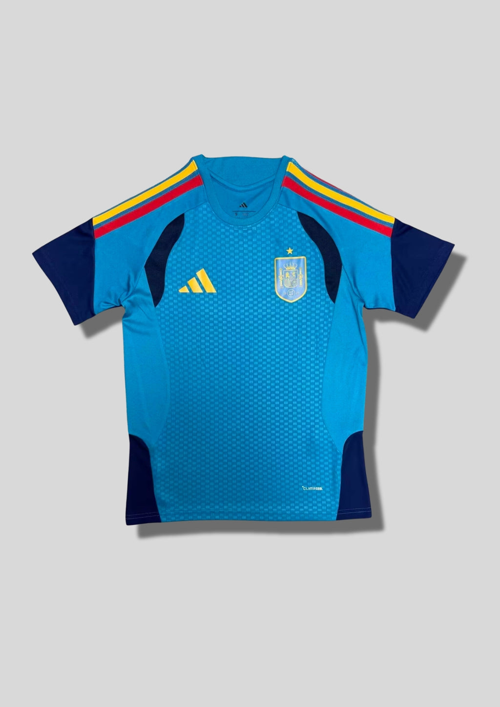 Espagne 2024 (Training) Bleu turquoise, manches marine, bandes tricolores épaules, logo jaune. GoalKits