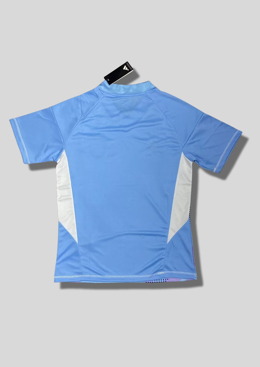 Espagne 2024 (Pre-Match / Training) Bleu ciel, motifs géométriques violets et blancs à pois, bandes marine sur les épaules. GoalKits