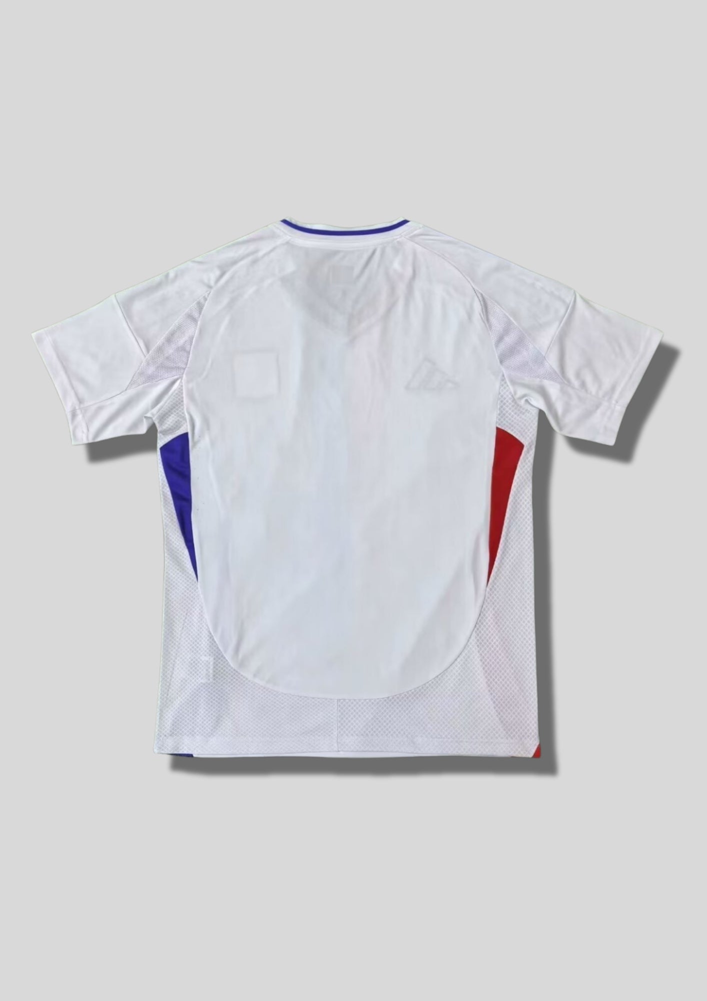 Olympique Lyonnais domicile 2024-2025 : maillot blanc avec deux bandes verticales centrales dégradées rouge et bleue, bandes Adidas bleu marine sur les épaules et sponsor Emirates. GoalKits