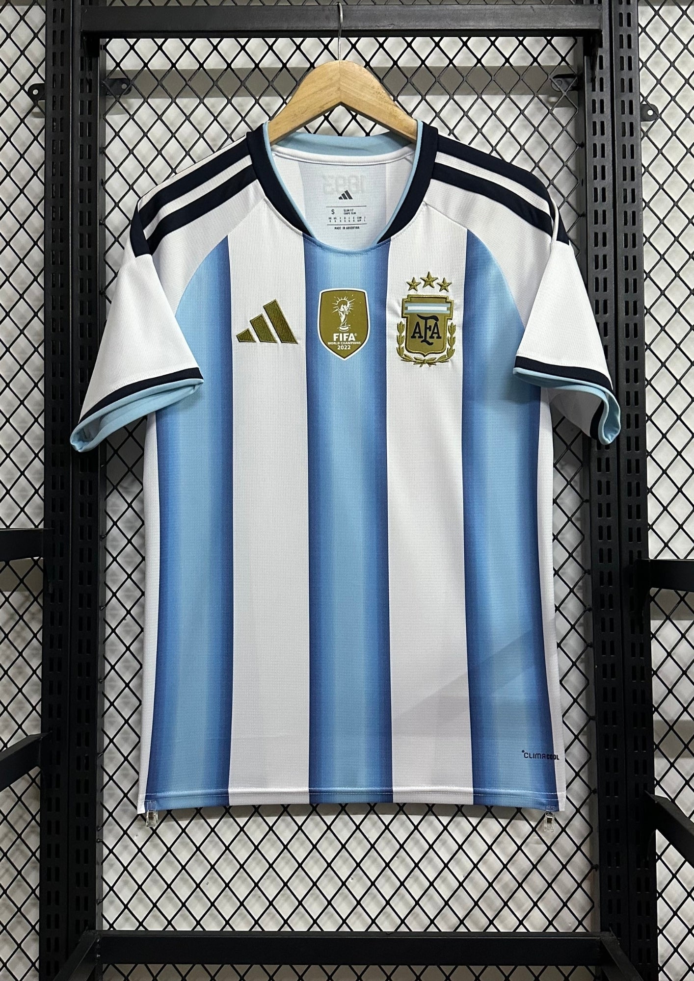 Argentine 2024 (Domicile) Rayures ciel (dégradées) et blanc, détails dorés, badge FIFA World Champions 2022. GoalKits