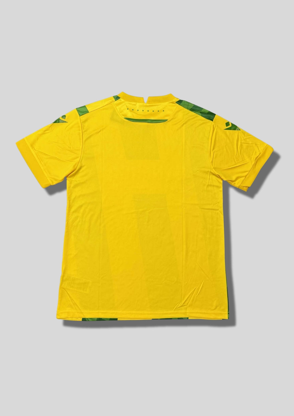 C Nantes extérieur 2024-2025 : maillot Macron présentant de larges bandes verticales jaunes et vertes, ces dernières étant ornées de motifs géométriques ton sur ton, avec le sponsor SYNERGIE en rouge. GoalKits