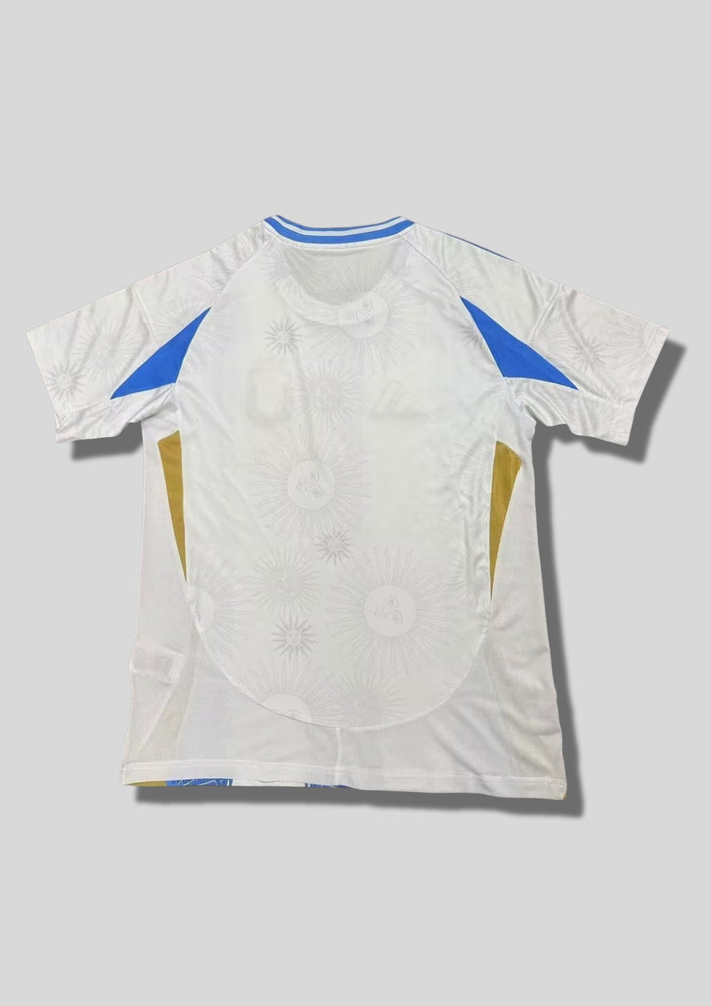 Argentine 2024 (Pre-Match) Blanc et ciel, rayures verticales graphiques avec motifs de soleils et d'étoiles, détails dorés sur les flancs. GoalKits