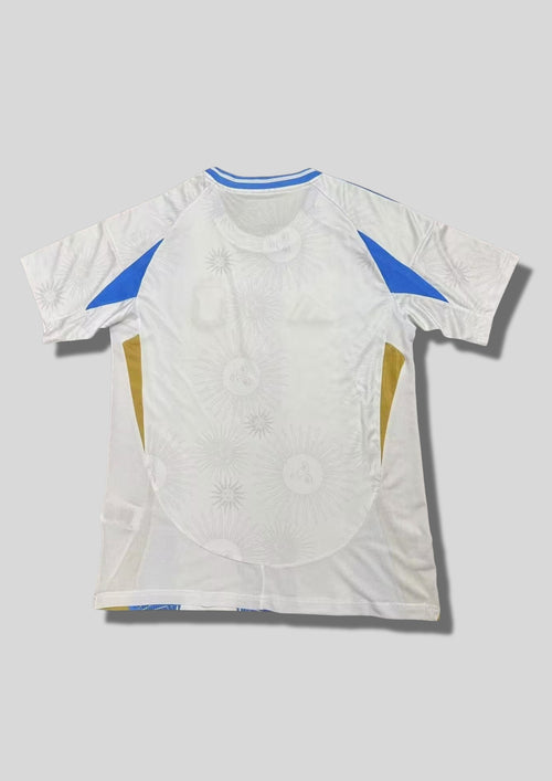 Argentine 2024 (Pre-Match) Blanc et ciel, rayures verticales graphiques avec motifs de soleils et d'étoiles, détails dorés sur les flancs. GoalKits