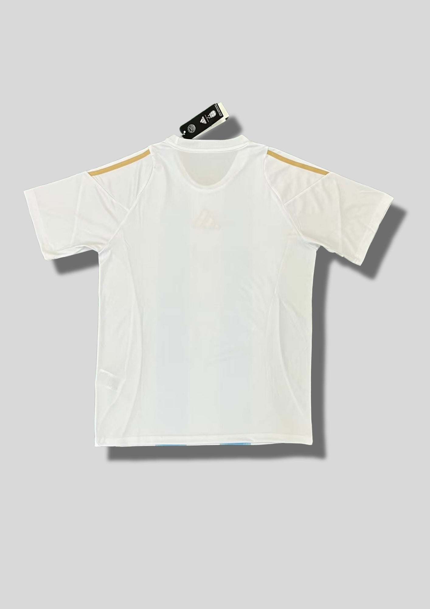 Argentine 2024 (Messi Edition) Blanc, deux larges rayures ciel ondulées, logos Adidas et Messi dorés au centre. GoalKits