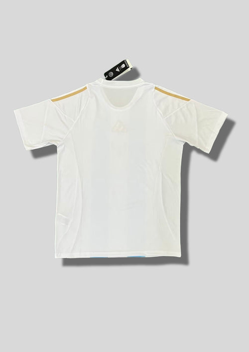 Argentine 2024 (Messi Edition) Blanc, deux larges rayures ciel ondulées, logos Adidas et Messi dorés au centre. GoalKits
