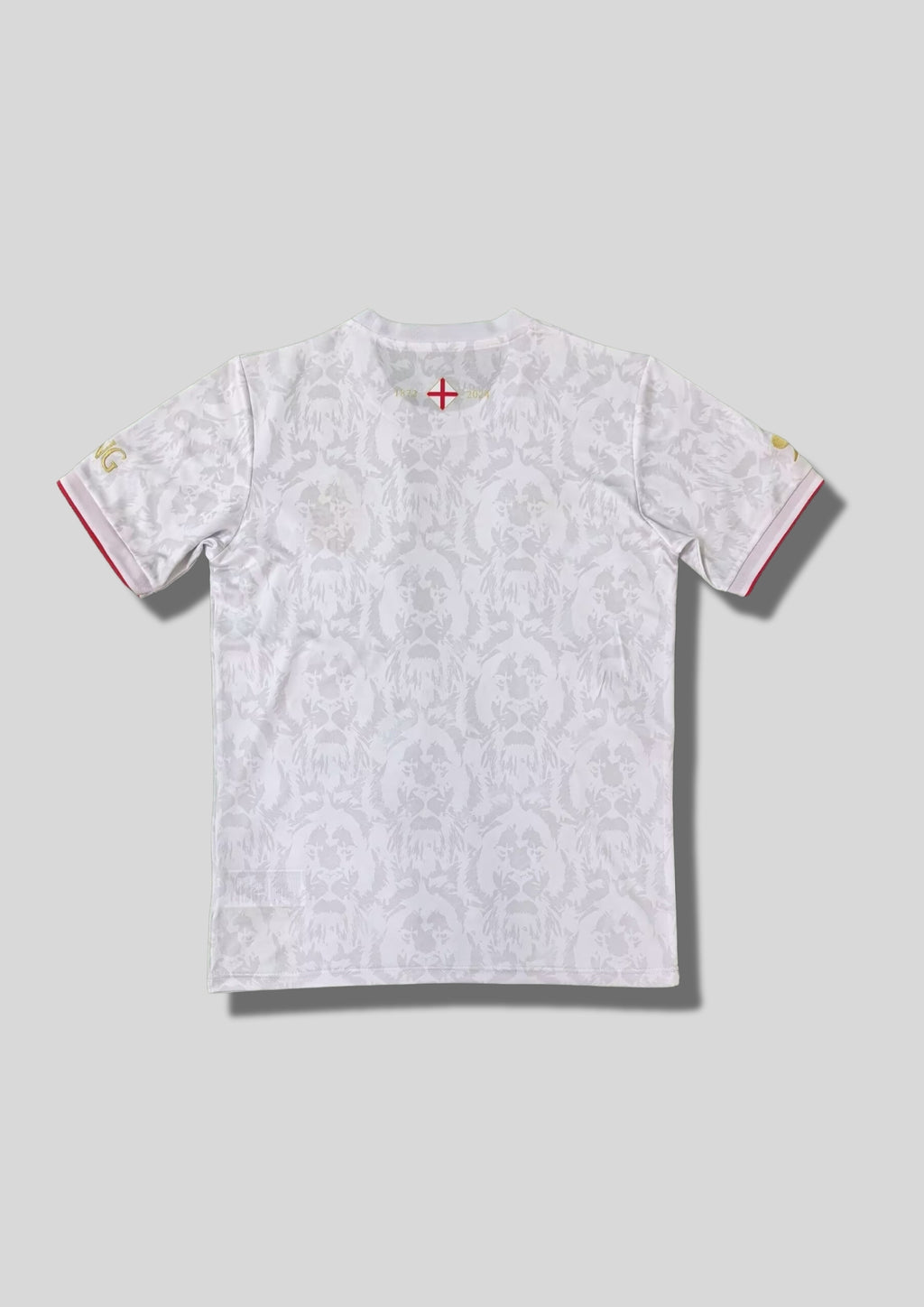 Angleterre 2024 (Concept/Lifestyle) Blanc, motifs répétitifs de têtes de lion en filigrane gris clair, écusson revisité avec croix de Saint-Georges et lions rouges, détails dorés. GoalKits