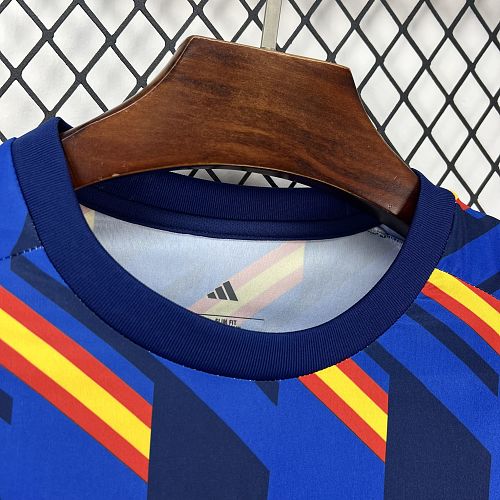 Espagne (Édition Coupe du Monde) Bleu royal, motifs géométriques en diagonale aux couleurs du drapeau (rouge et jaune), logo Adidas et écusson espagnol jaunes centrés. GoalKits